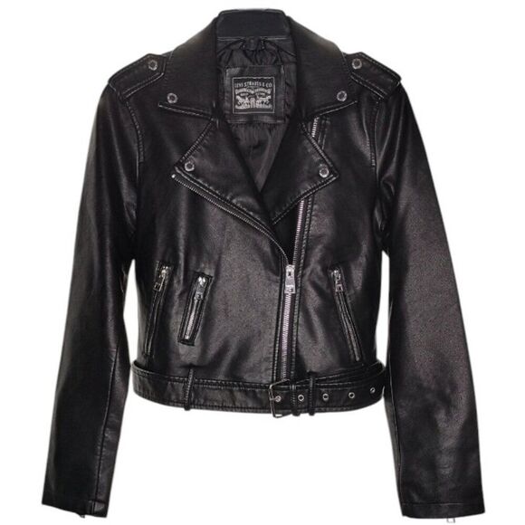 Levi's Women's Size S Vegan Leather Belted Hem Cropped Moto Jacket - Picture 2 of 11